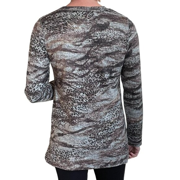 David Cline Womens Sweater Size M Animal Print Long Sleeve Fallcore Brown Tan - Picture 4 of 11